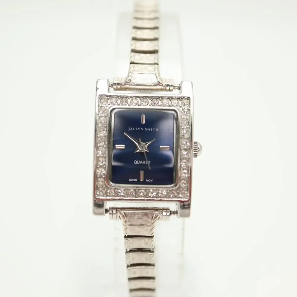 Jaclyn Smith Silver Tone Blue 20mm Tank Womens Watch Stretch Band w New Battery